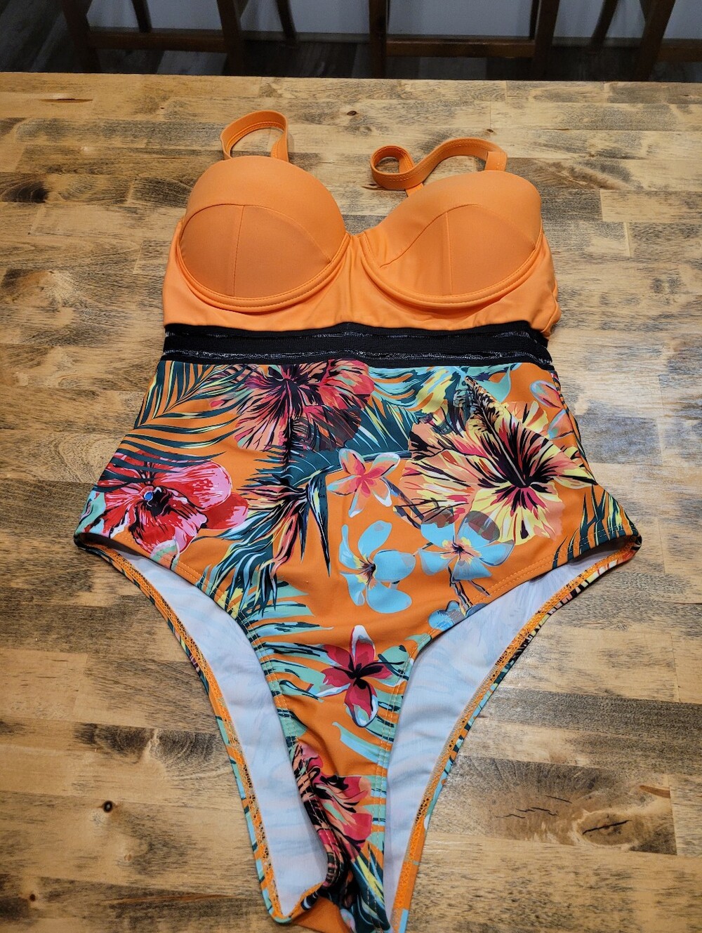 Womans Orange Floral One-Piece Swimsuit with Supportive Cups